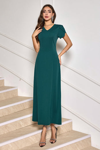 Dark Green V-Neck Midi Cocktail Party Dress with Short Sleeves