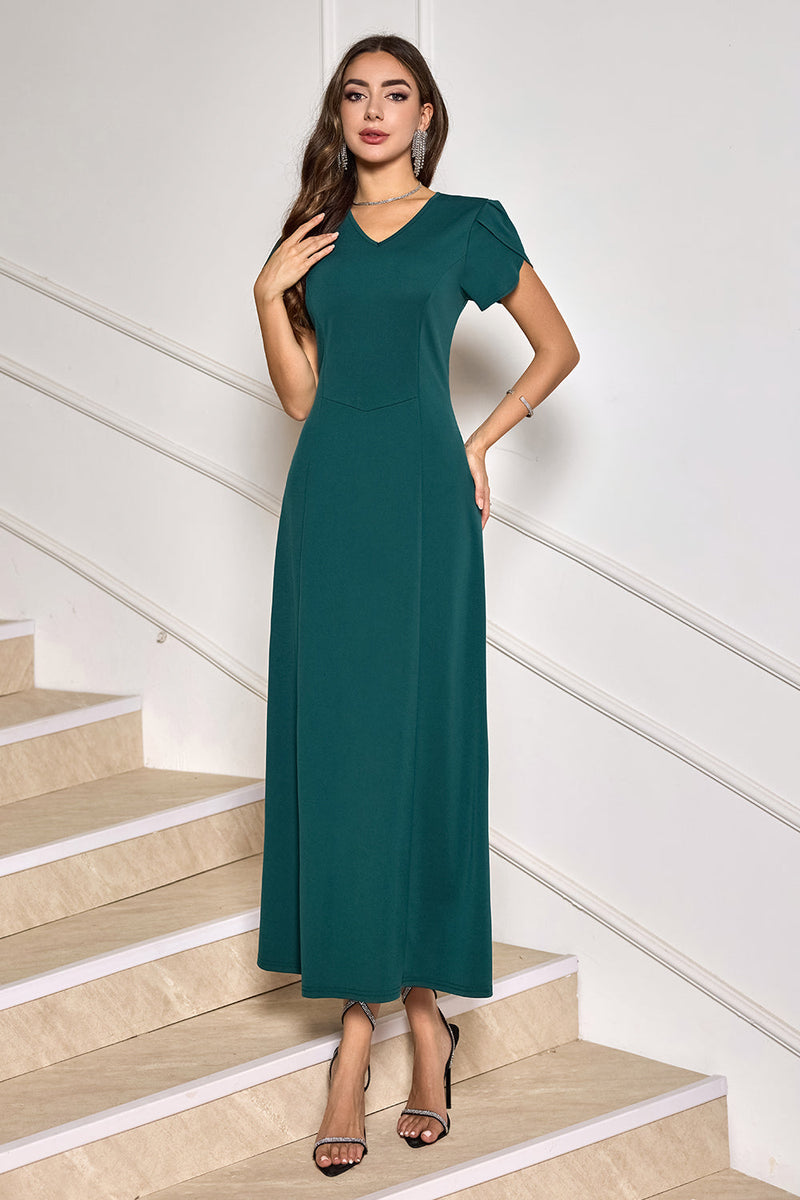 Load image into Gallery viewer, Dark Green V-Neck Midi Cocktail Party Dress with Short Sleeves