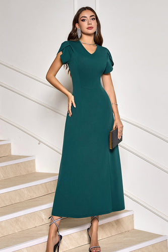 Dark Green V-Neck Midi Cocktail Party Dress with Short Sleeves