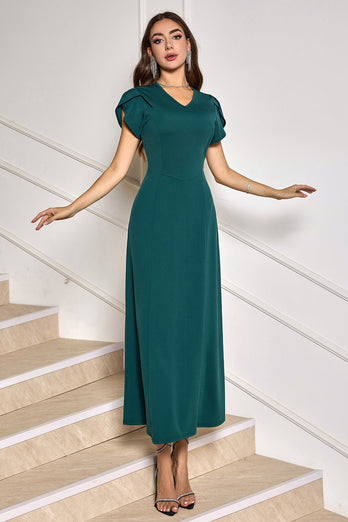 Dark Green V-Neck Midi Cocktail Party Dress with Short Sleeves