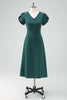 Load image into Gallery viewer, Dark Green V-Neck Cocktail Dress with Short Sleeves