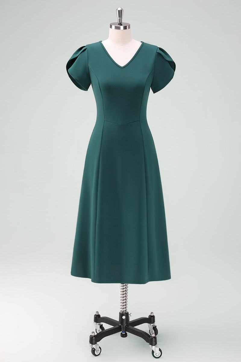 Load image into Gallery viewer, Dark Green V-Neck Cocktail Dress with Short Sleeves