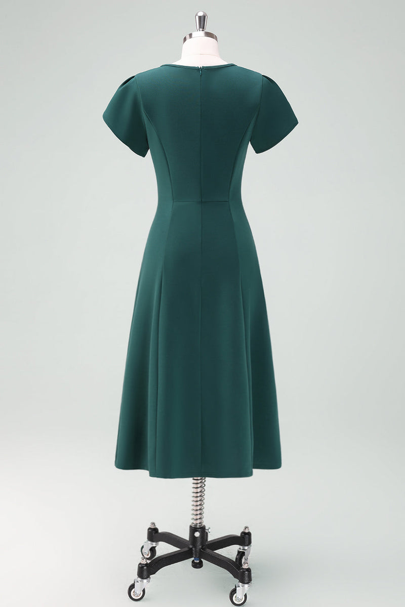 Load image into Gallery viewer, Dark Green V-Neck Cocktail Dress with Short Sleeves