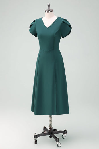 Dark Green V-Neck Cocktail Dress with Short Sleeves