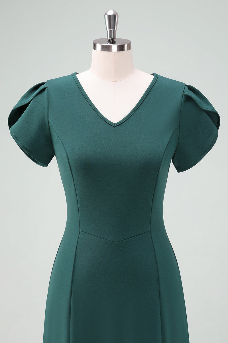 Load image into Gallery viewer, Dark Green V-Neck Cocktail Dress with Short Sleeves