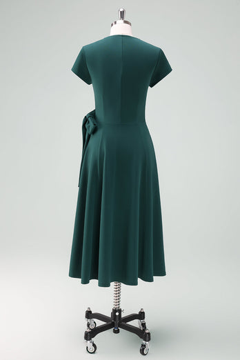 Dark Green A-Line Mother of Bride Dress with Short Sleeves