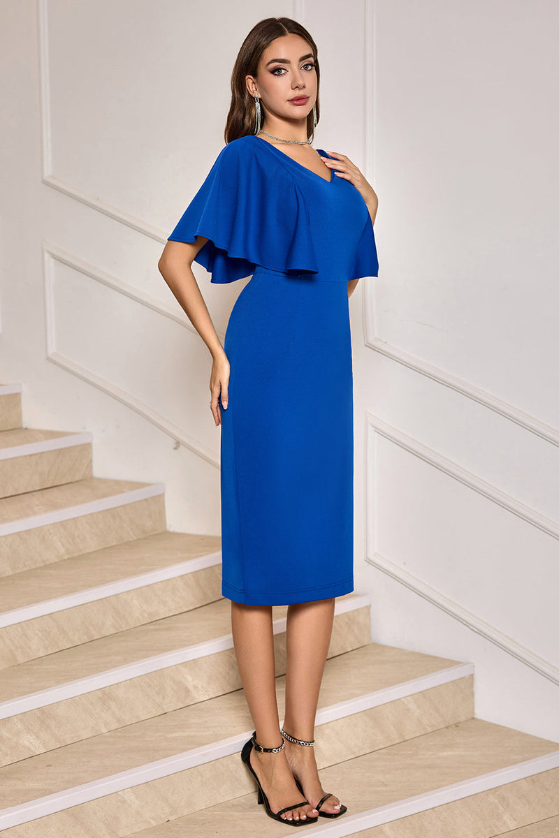 Load image into Gallery viewer, Royal Blue Bodycon V Neck Midi Mother of Bride Dress with Short Sleeves