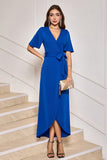Royal Blue V-Neck Long Mum of Bride Dress with Short Sleeves