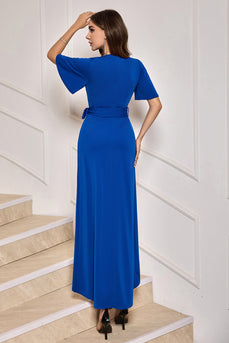 Royal Blue V-Neck Long Formal Dress with Short Sleeves