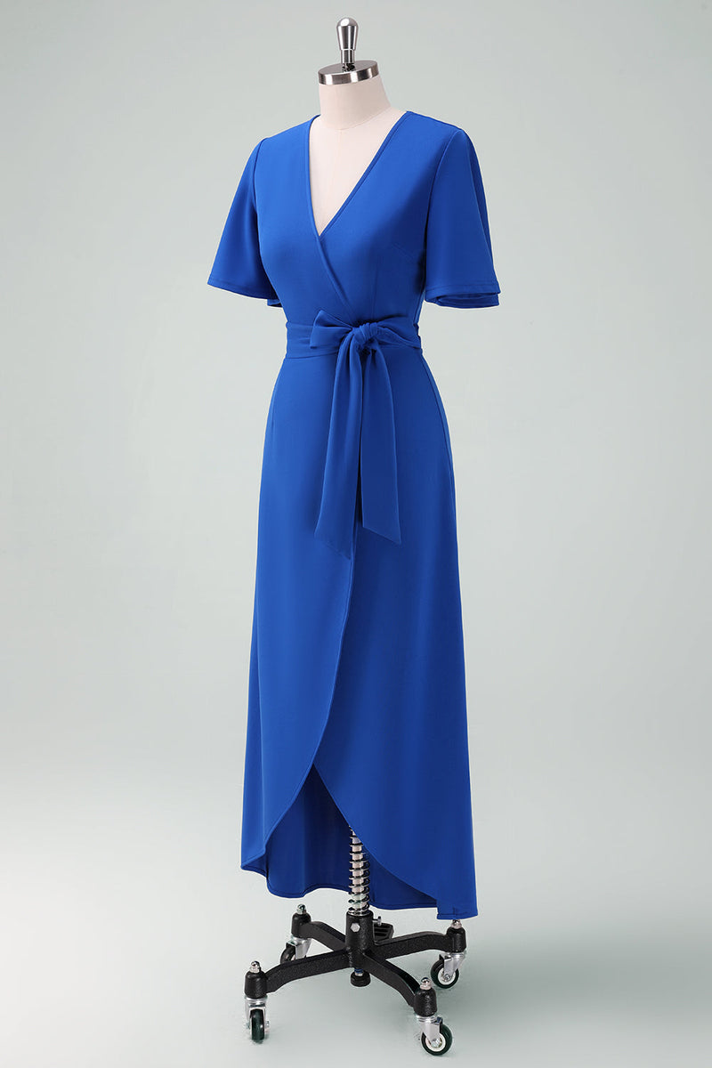 Load image into Gallery viewer, Royal Blue V-Neck Long Mother of Bride Dress with Short Sleeves