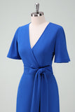 Royal Blue V-Neck Long Mum of Bride Dress with Short Sleeves
