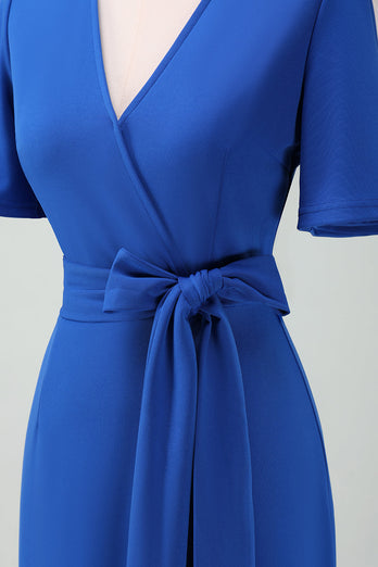 Royal Blue V-Neck Long Mother of Bride Dress with Short Sleeves