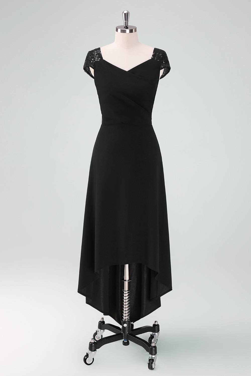 Black High-Low Party Dress with Cap Sleeves