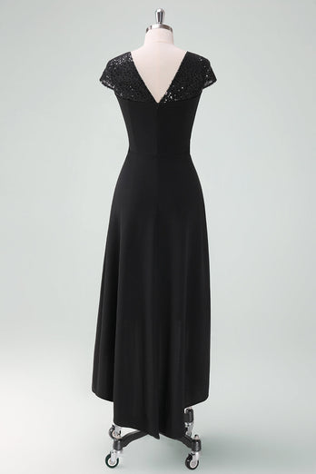 Black High-Low Party Dress with Cap Sleeves