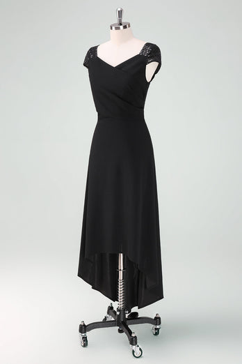 Black High-Low Party Dress with Cap Sleeves