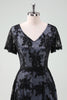 Load image into Gallery viewer, Black V-neck Short Sleeves Lace A-Line Mother of Bride Dress