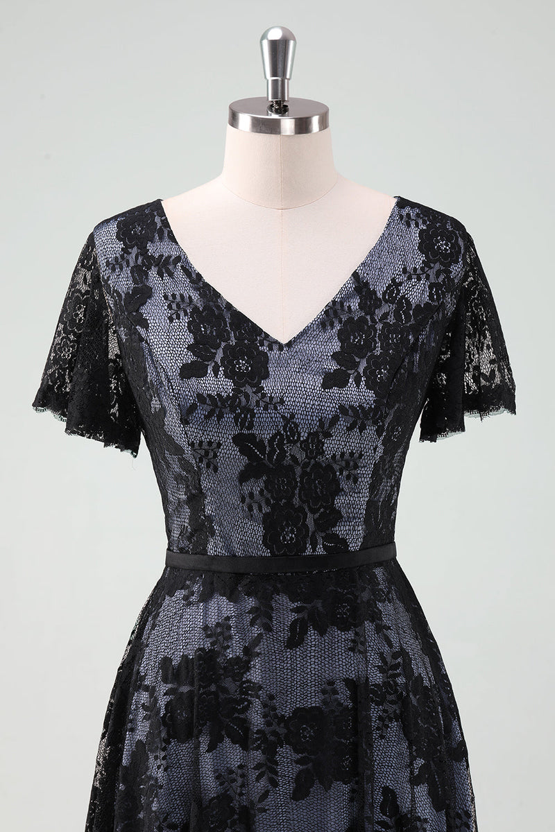 Load image into Gallery viewer, Black V-neck Short Sleeves Lace A-Line Mother of Bride Dress