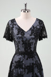 Black V-neck Short Sleeves Lace A-Line Mum of Bride Dress