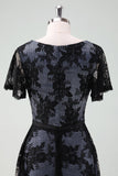 Black V-neck Short Sleeves Lace A-Line Mum of Bride Dress