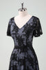 Load image into Gallery viewer, Black V-neck Short Sleeves Lace A-Line Mother of Bride Dress