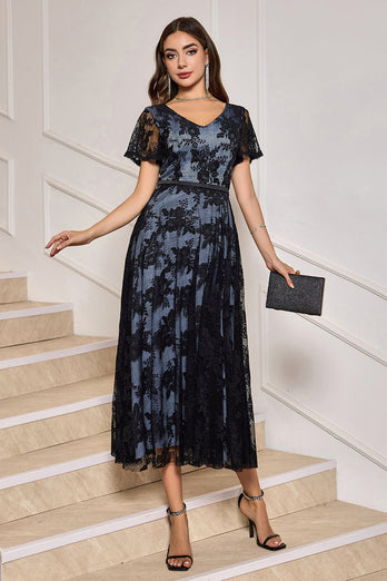 Black A-Line V-Neck Lace Tea-Length Dress with Short Sleeves