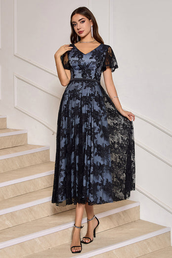 Black A-Line V-Neck Lace Tea-Length Dress with Short Sleeves