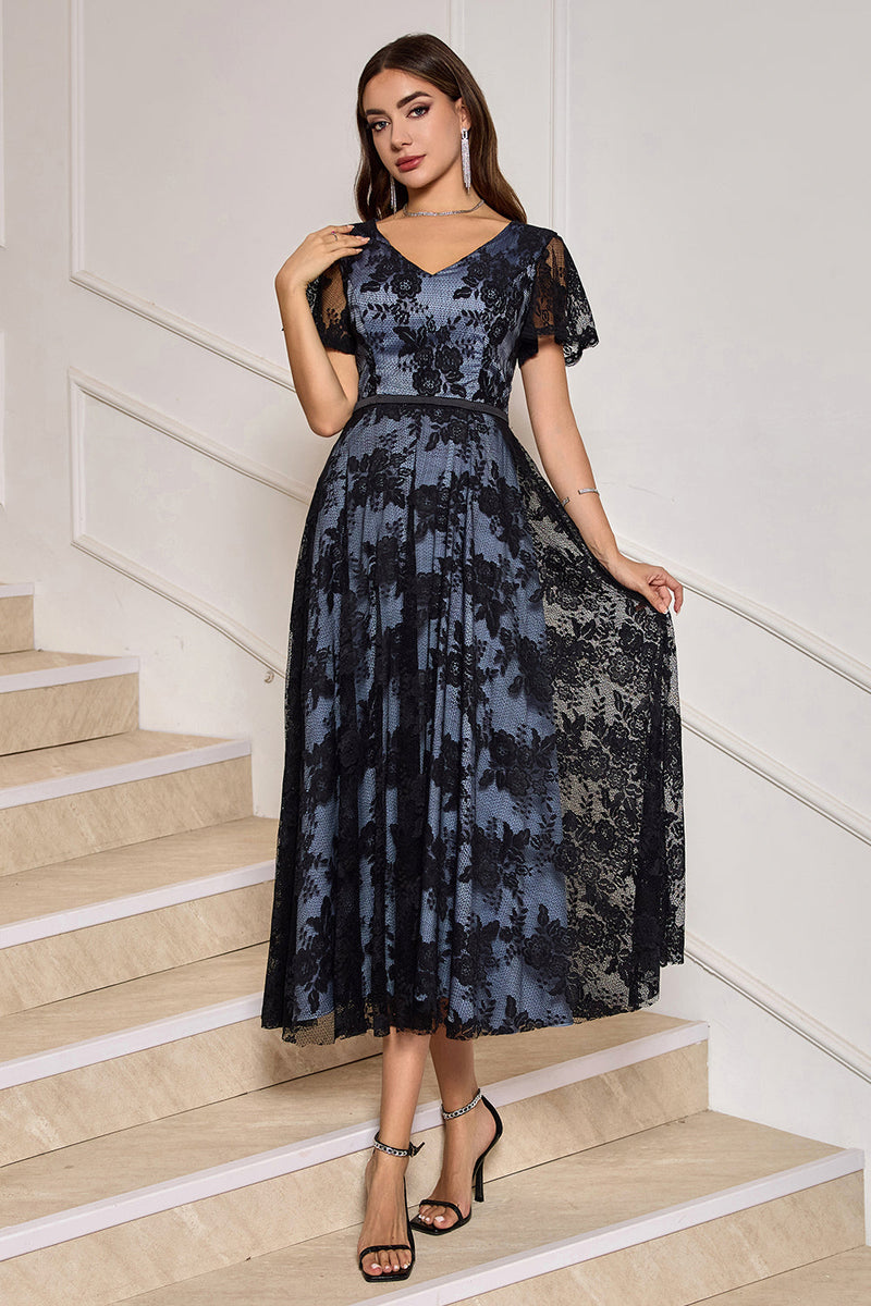 Load image into Gallery viewer, Black A-Line V-Neck Lace Tea-Length Dress with Short Sleeves