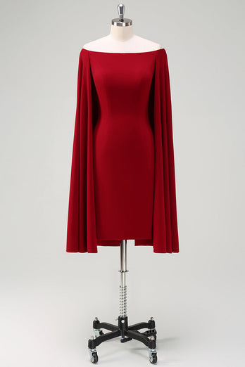 Burgundy Bodycon Off the Shoulder Midi Cocktail Dress With Cape Sleeves