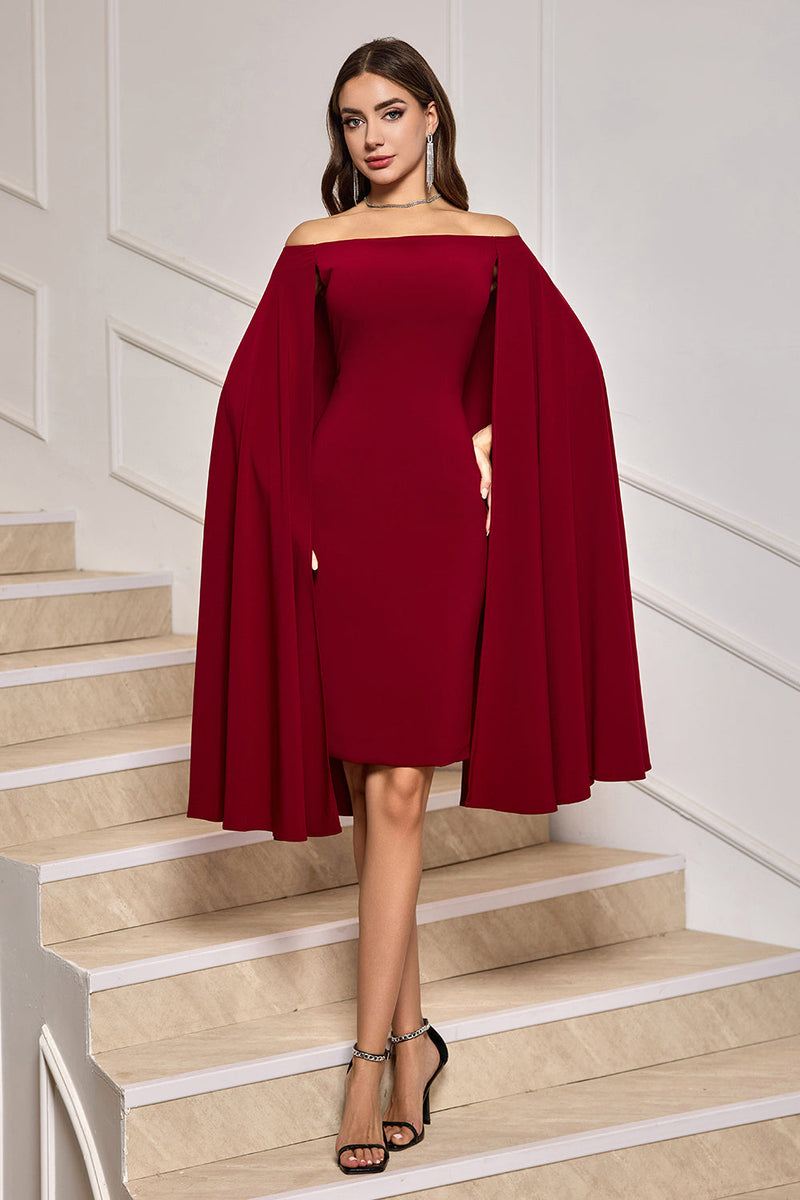 Load image into Gallery viewer, Burgundy Bodycon Off the Shoulder Midi Cocktail Dress With Cape Sleeves