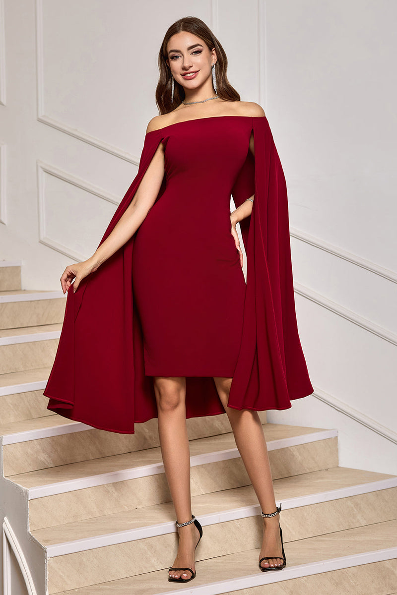 Load image into Gallery viewer, Burgundy Bodycon Off the Shoulder Midi Cocktail Dress With Cape Sleeves