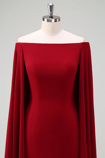 Burgundy Off the Shoulder Bodycon Cocktail Dress With Cape Sleeves