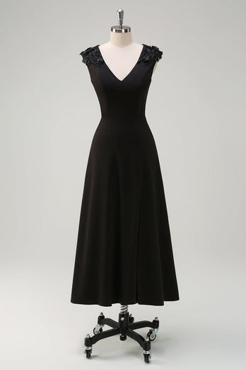 Black A-Line V-Neck Tea-Length Bridesmaid Dress with Applique Sequins