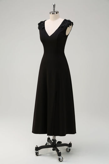 Black A-Line V-Neck Tea-Length Bridesmaid Dress with Applique Sequins