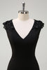 Load image into Gallery viewer, Black A-Line V-Neck Tea-Length Bridesmaid Dress with Applique Sequins