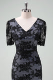 Black V-Neck Lace Sheath Mother of Bride Dress with Short Sleeves