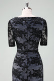 Black V-Neck Lace Sheath Mother of Bride Dress with Short Sleeves