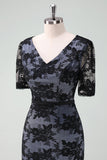 Black V-Neck Lace Sheath Mother of Bride Dress with Short Sleeves