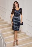 Black Sheath V-Neck Lace Cocktail Dress with Short Sleeves