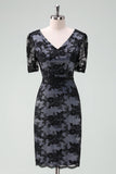Black V-Neck Lace Sheath Mother of Bride Dress with Short Sleeves