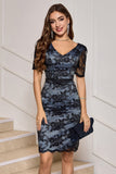 Black Sheath V-Neck Lace Cocktail Dress with Short Sleeves
