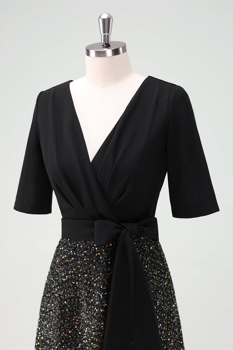 Load image into Gallery viewer, Sparkly Black A-Line Cocktail Dress with Half Sleeves