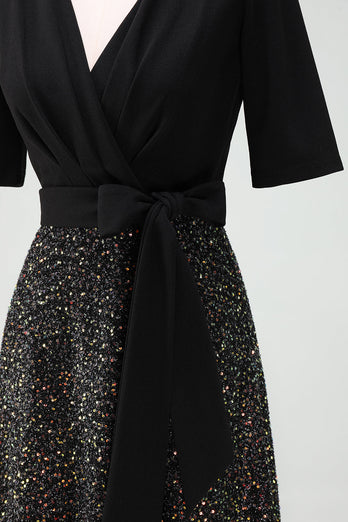 Sparkly Black A-Line Cocktail Dress with Half Sleeves