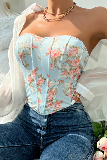 Pink Flower Printed Strapless Corset Top