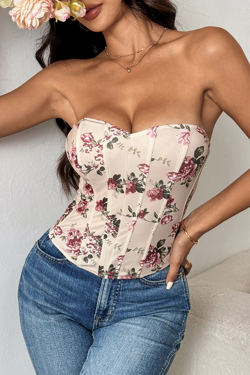 Load image into Gallery viewer, Pink Flower Printed Strapless Corset Top