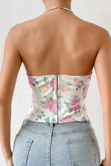 Pink Flower Printed Strapless Corset Top