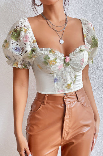 White Printed Corset Top with Puff Sleeves