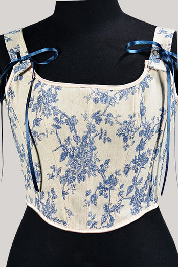 Blue Flower Lace-Up Back Corset Bustier Top