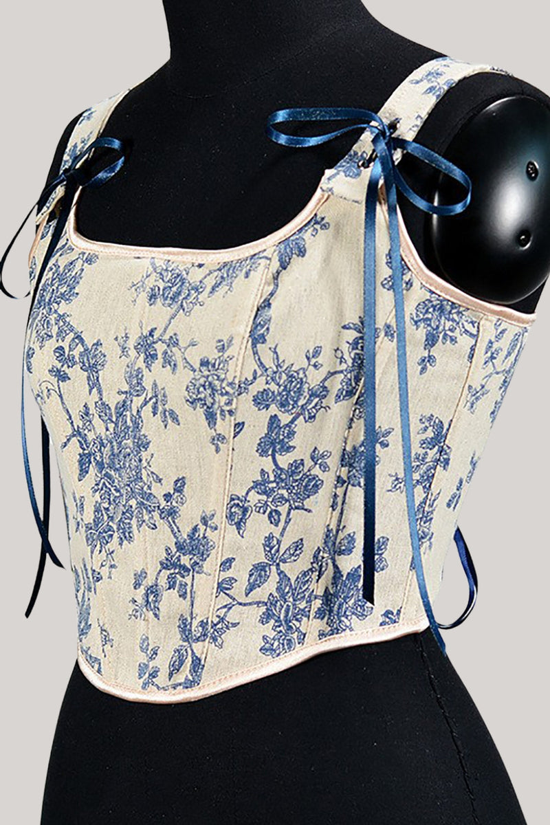 Load image into Gallery viewer, Blue Flower Lace-Up Back Corset Bustier Top