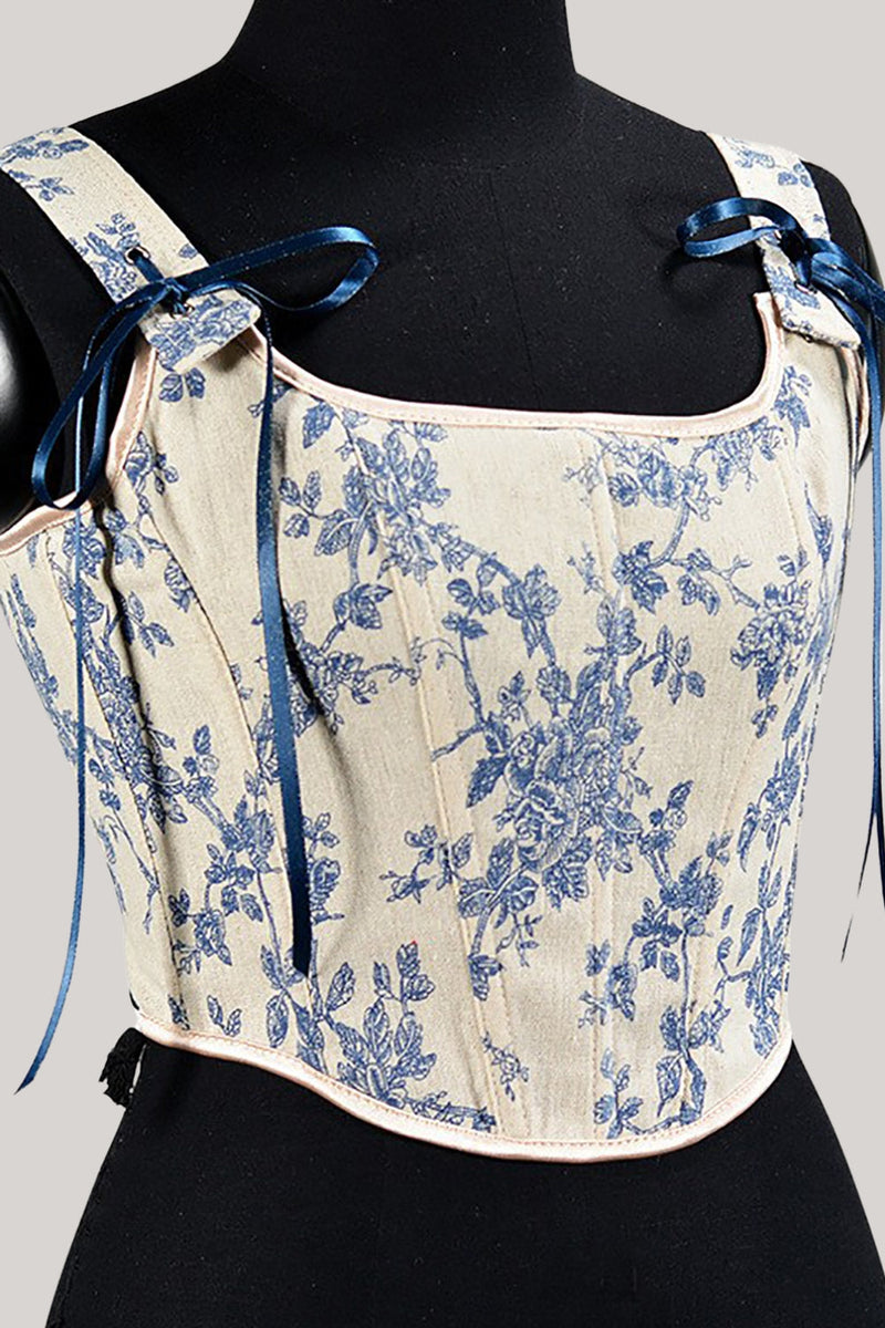 Load image into Gallery viewer, Blue Flower Lace-Up Back Corset Bustier Top