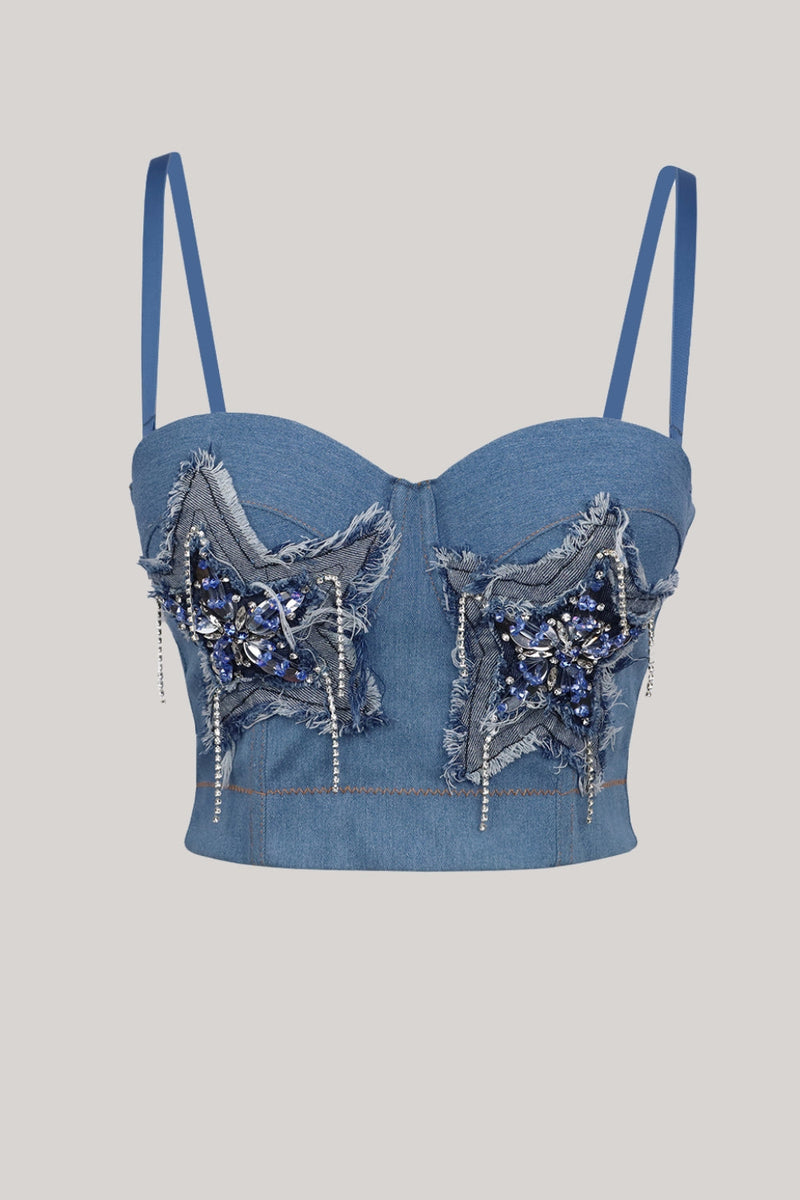 Load image into Gallery viewer, Sparkly Blue Jeans Corset Top With Stars